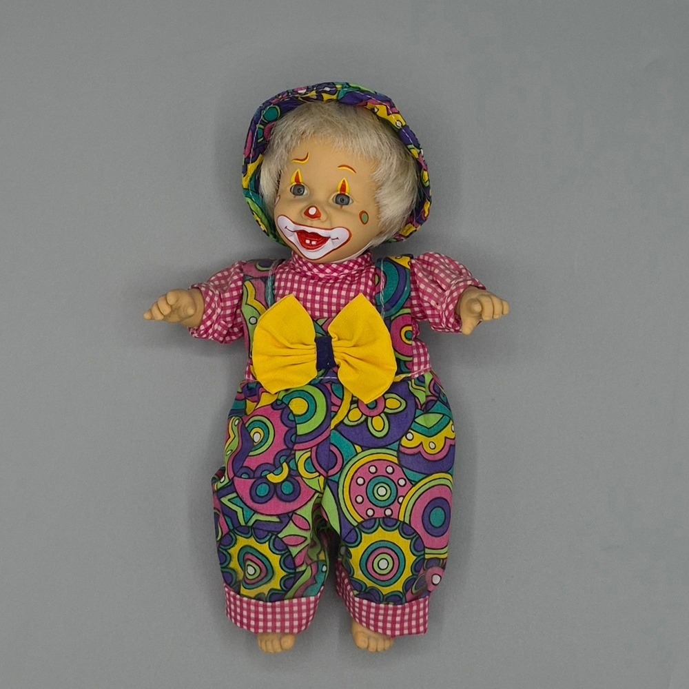 Vintage Baby Clown Doll Psychedelic Gingham Outfit Yellow Bow Blonde Hair 8 Inch